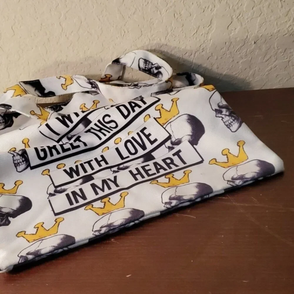 Canvas Tote Bag Skull with Crown Graphic I Will Greet This Day With Love